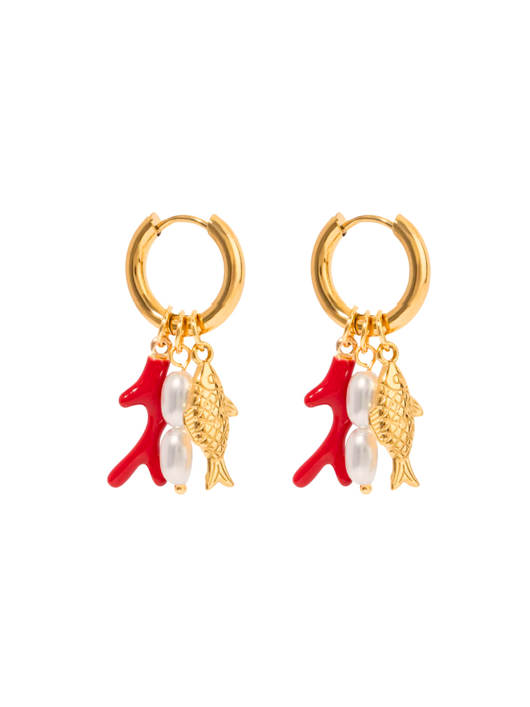 Par Arracada Con Perla, Coral y Pez