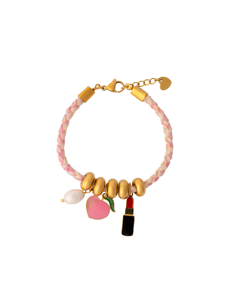 Pulsera Rosa Con Dijes Labial, Durazno y Perla