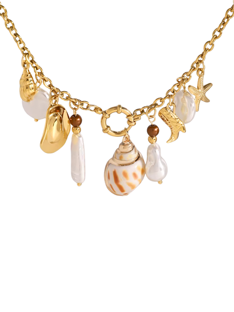 Collar Con Dijes Dorados, Perlas, Concha Y Timon