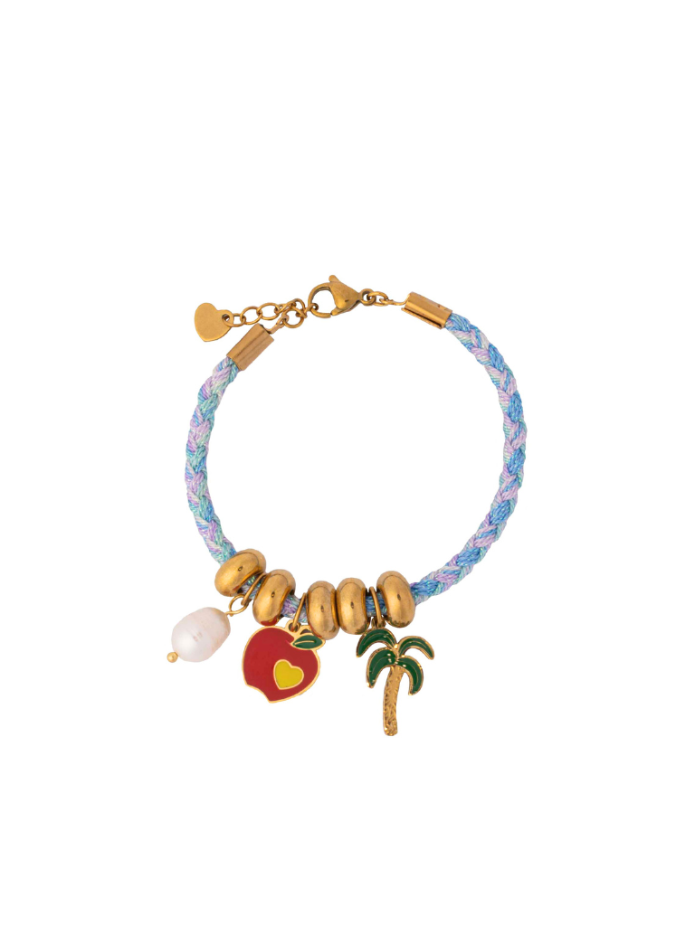 Pulsera Celeste y Azul Con Dije Manzana, Palmera