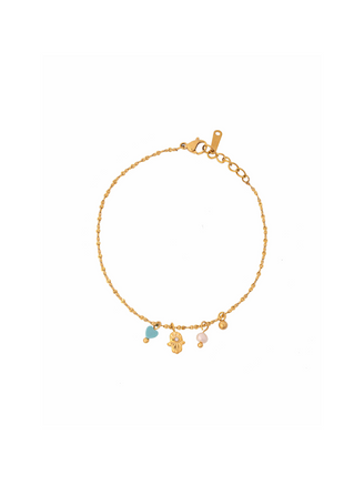 Pulsera Con Dije Mano, Corazon Azul y Perlita