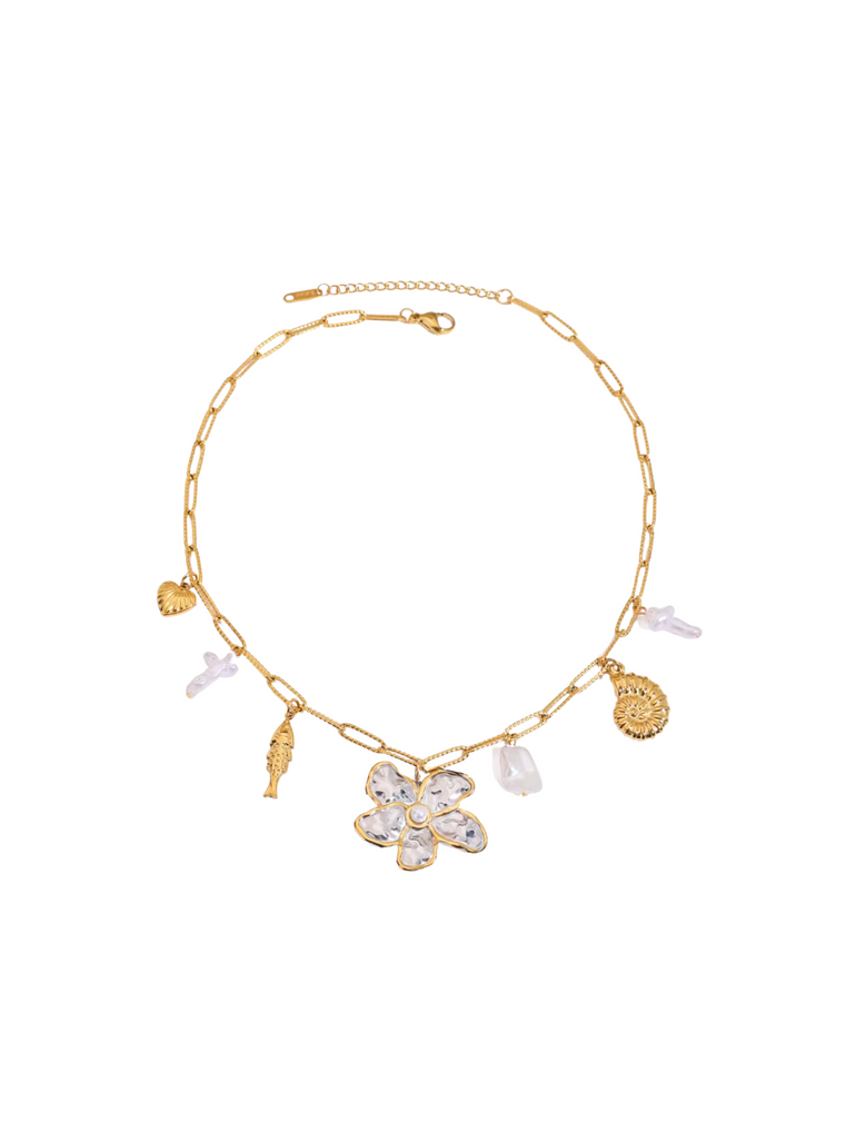 Collar Eslabones Dije Flor, Perla Y Pez