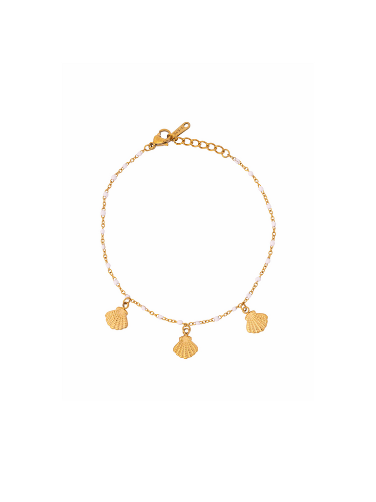 Pulsera Con Bolitas Blancas Con Conchas Colgantes