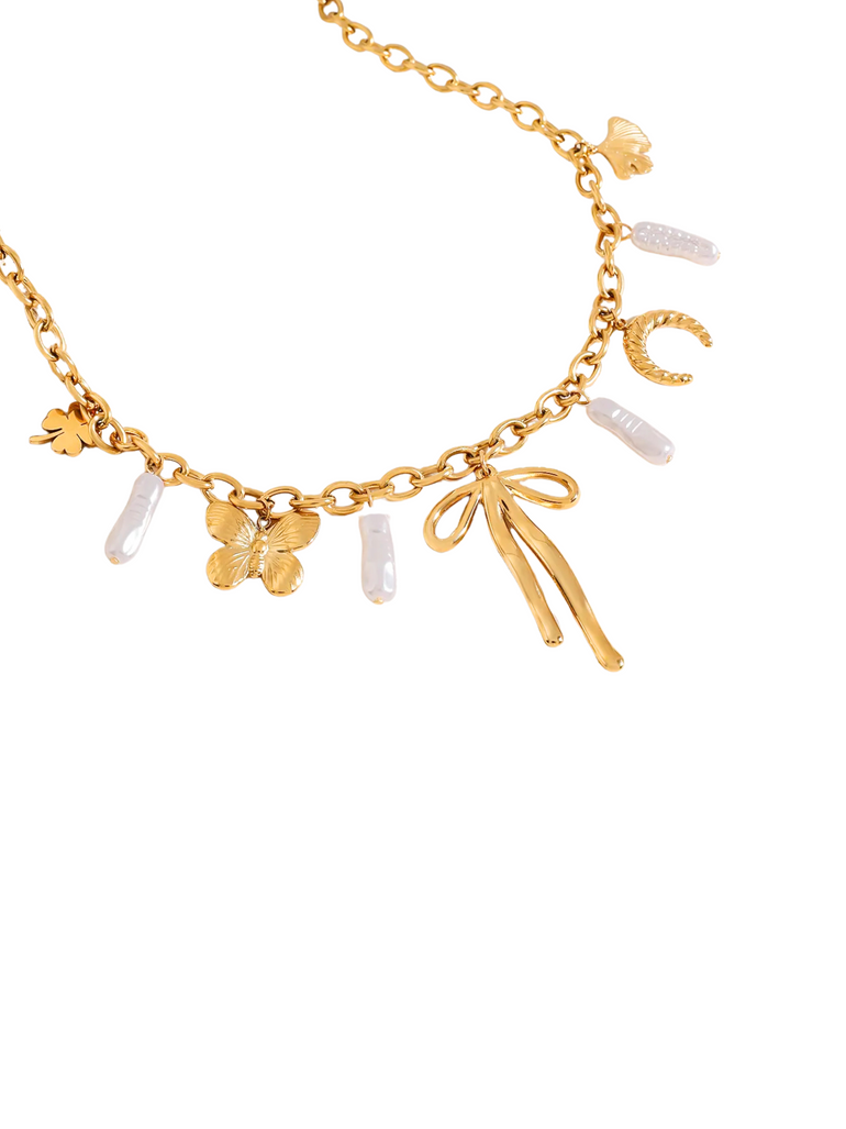 Collar Dije Con Moño, Perla Y Mariposa