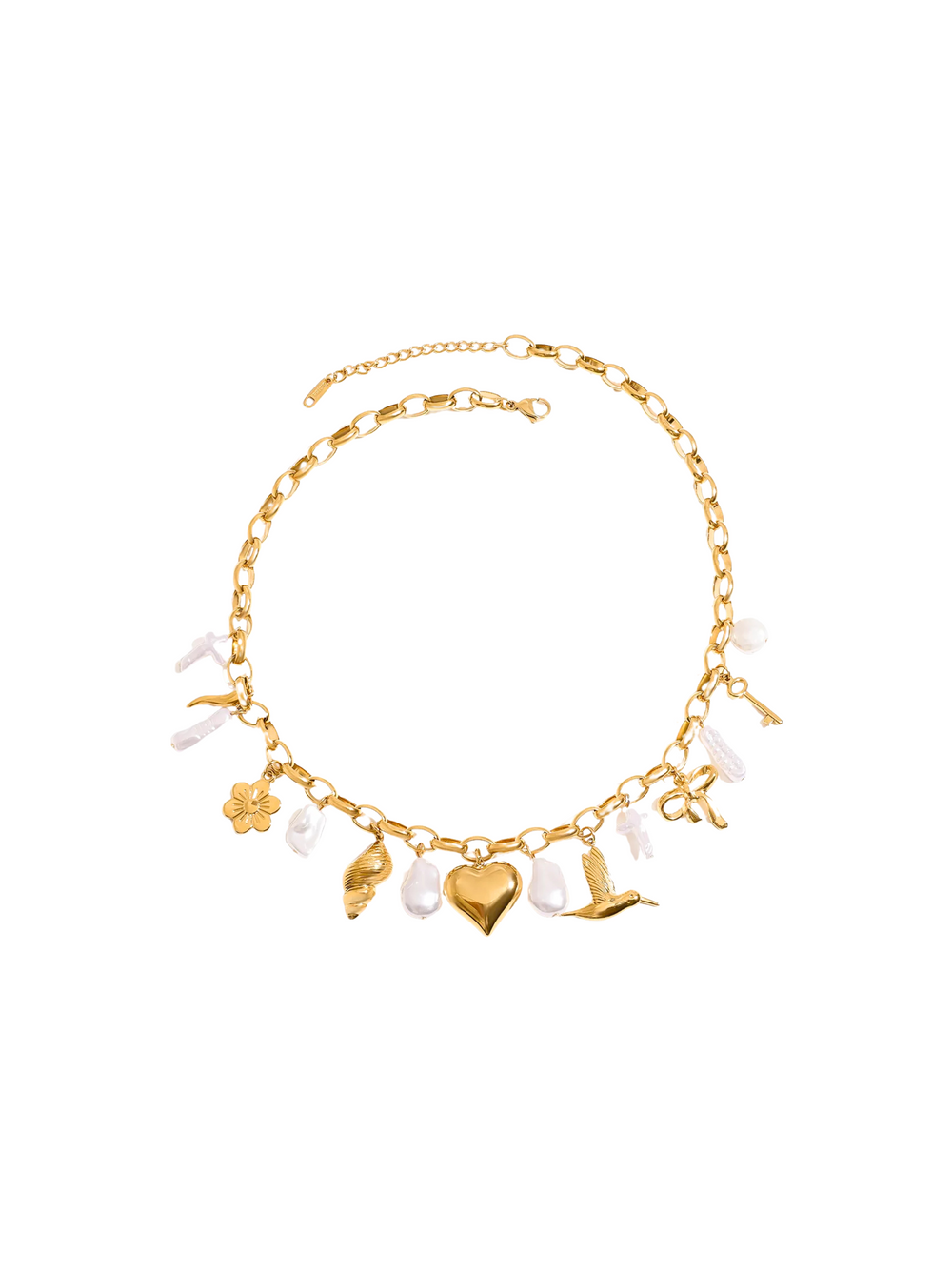 Collar Eslabones Con Dijes Corazon, Perla, Flor y Caracol