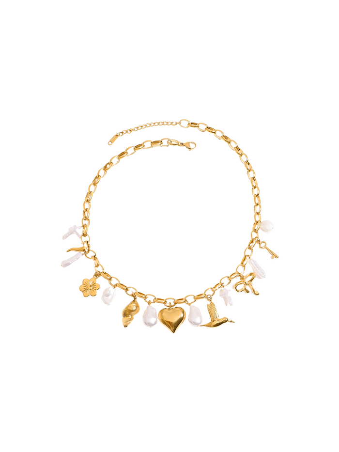 Collar Eslabones Con Dijes Corazon, Perla, Flor y Caracol