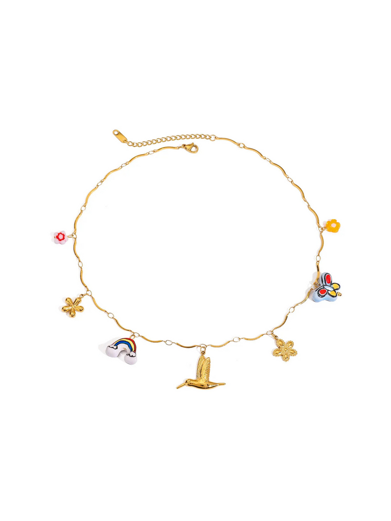 Collar Con Dijes Pajaro, Arcoiris y Flores
