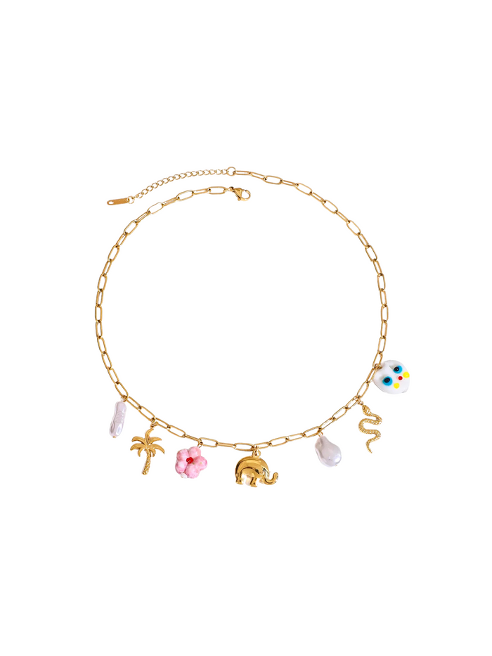 Collar Dijes Elefante, Perlas, Flor y Serpiente