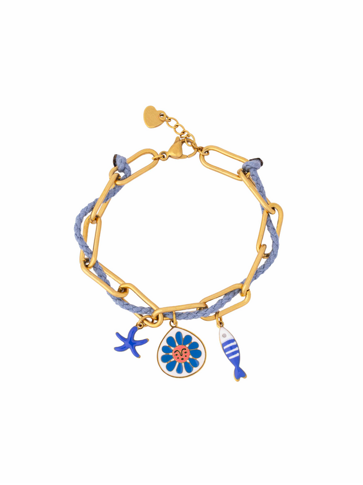 Pulsera Eslabones Con Cordon Azul y Dijes