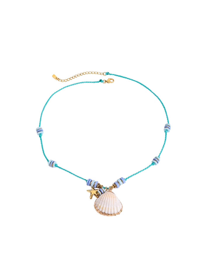 Collar Hilo Azul Con Estrella de Mar y Concha