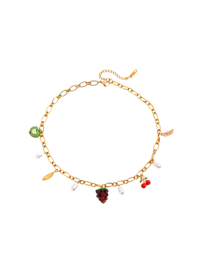 Collar Eslabon Con Dijes Frutas Y Perlas