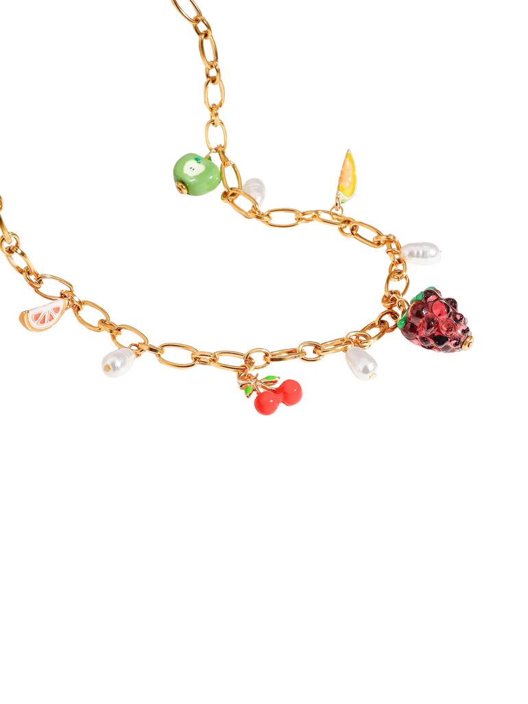 Collar Eslabon Con Dijes Frutas Y Perlas