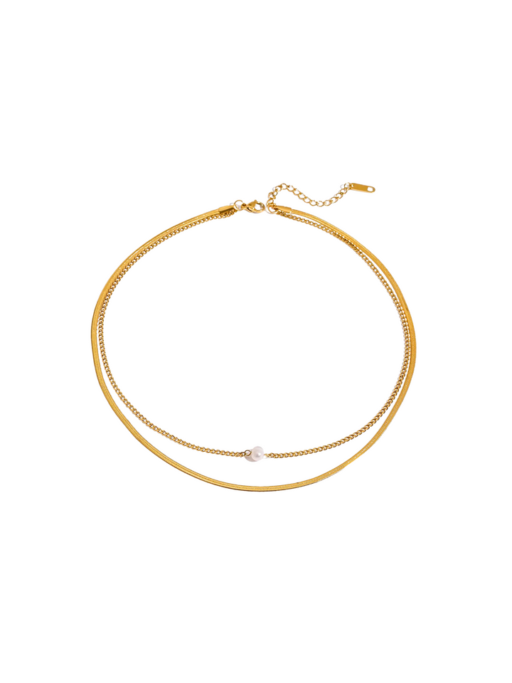 Collar Doble Cadena Planchada Con Perla