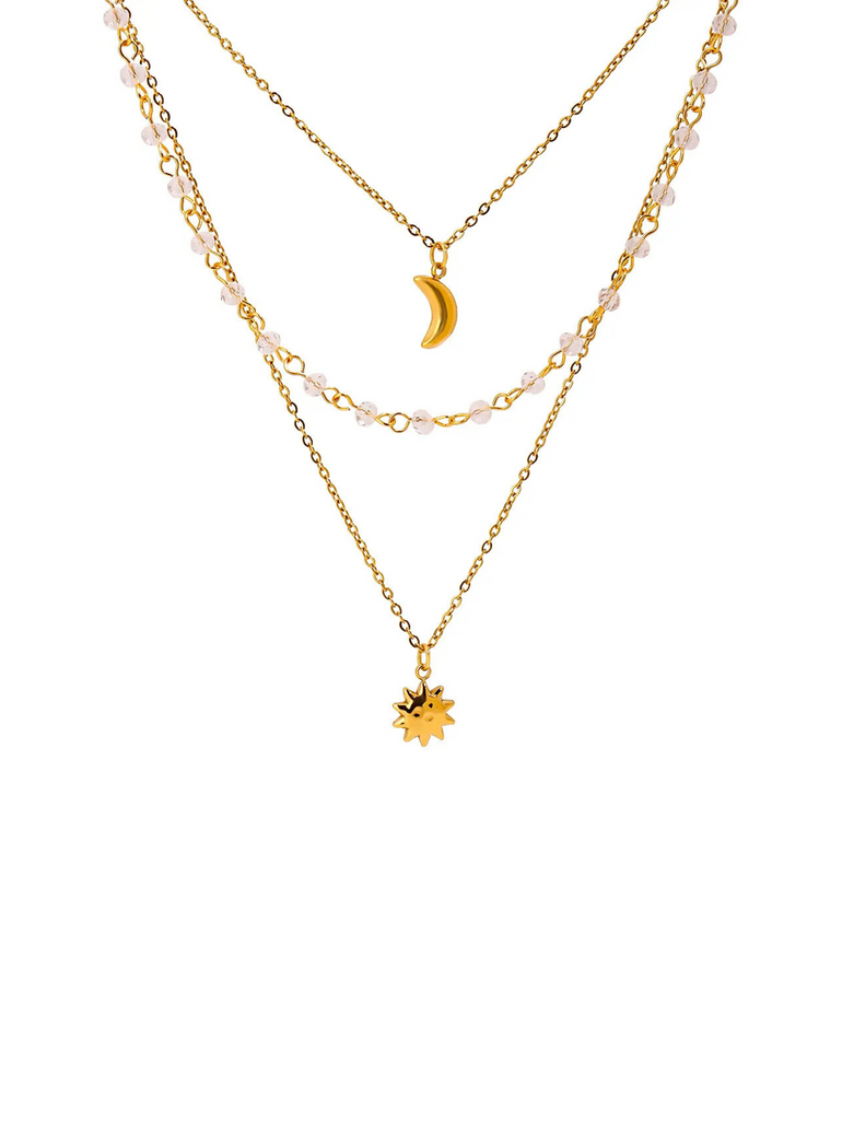 Collar Triple Piedras Transparentes, Luna y Sol