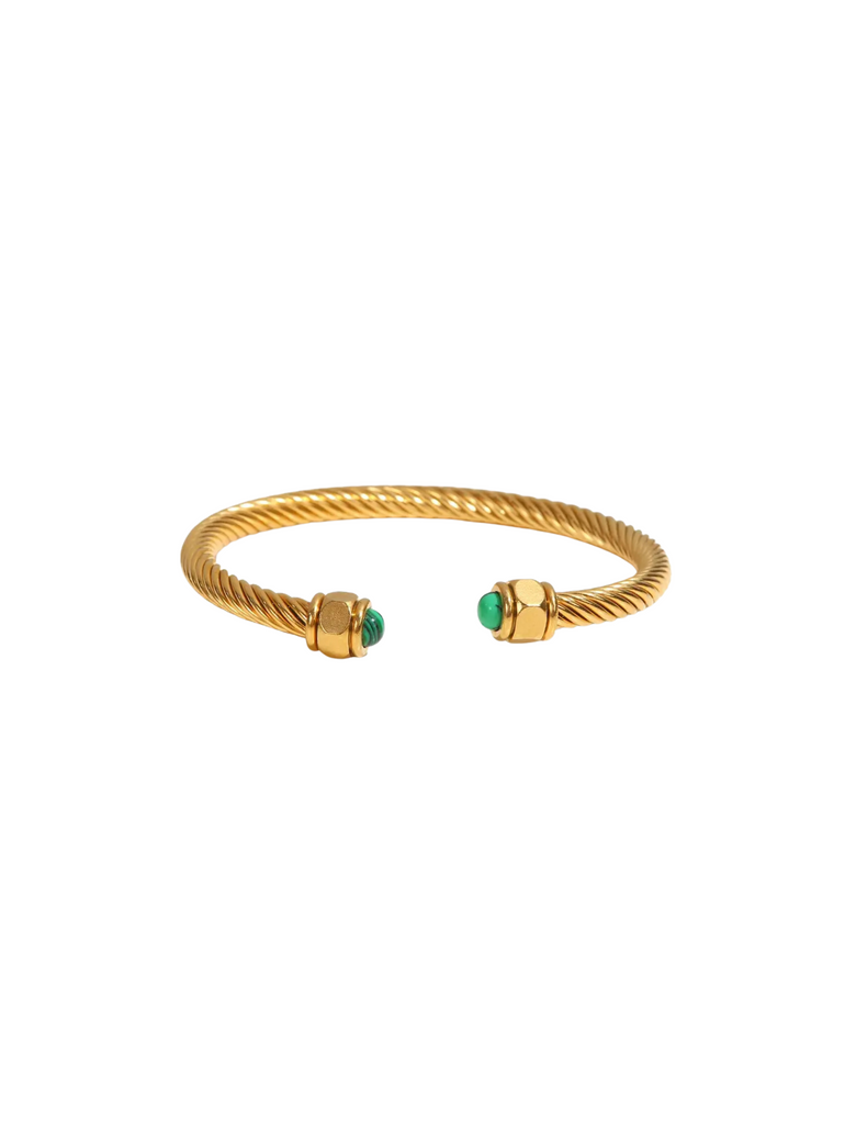 Brazalete Trenzado Borde Dorado Con Piedra Verde