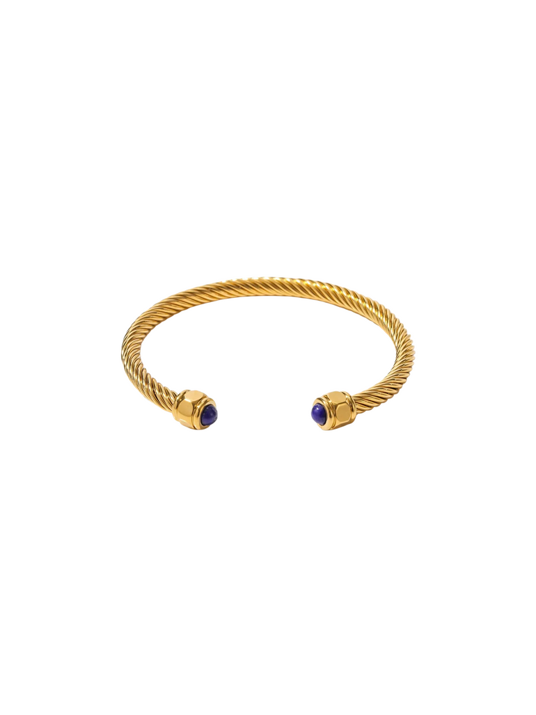 Brazalete Trenzado Borde Dorado Con Piedra Azul