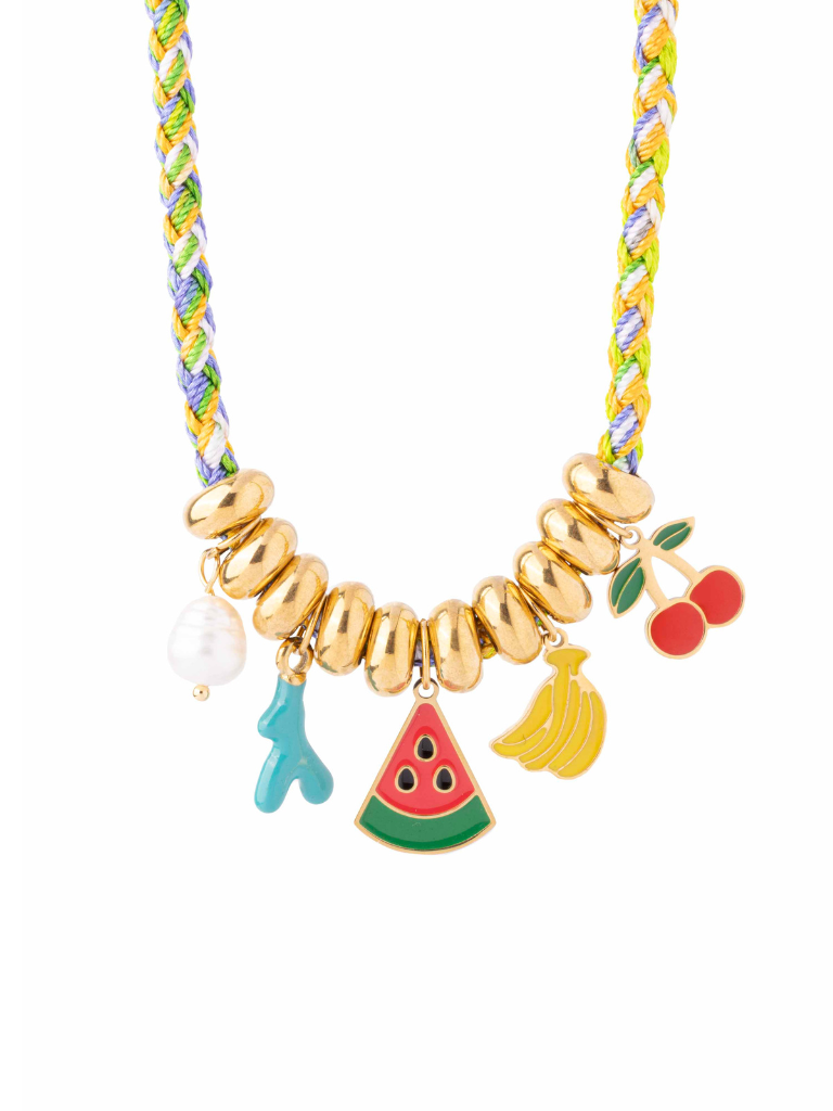 Collar Verde Con Dijes Frutas y Coral