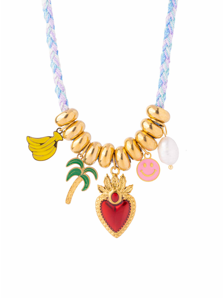 Collar Celeste y Azul Con Dije Corazon, Palmera