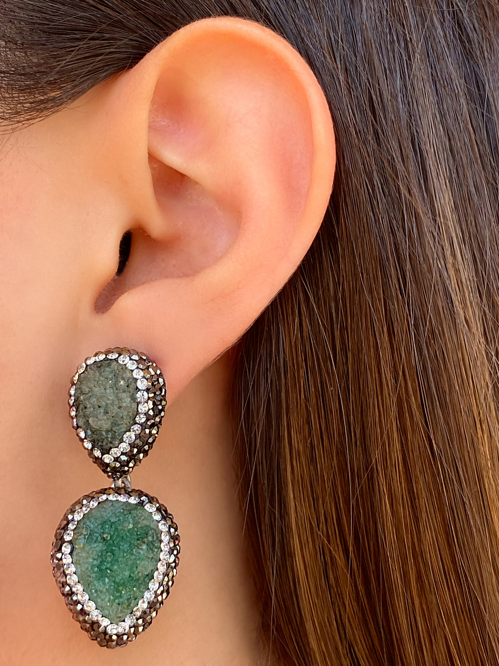 Par Arete Doble Gota Amatista Verde Plateado