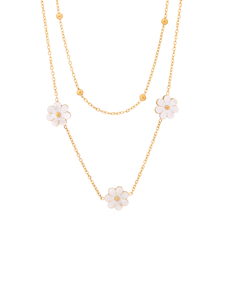 Collar Doble Bolitas Y Flores Blancas