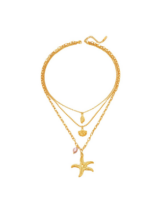 Collar Triple Con Dije Concha, Coral y Estrella Chunky