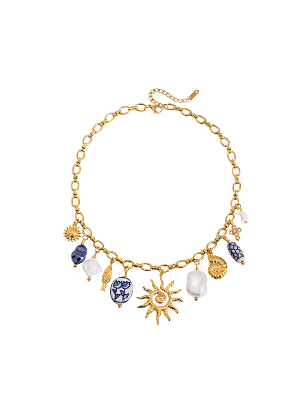 Collar Eslabones Con Dijes Sol, Flores, Pez y Coral