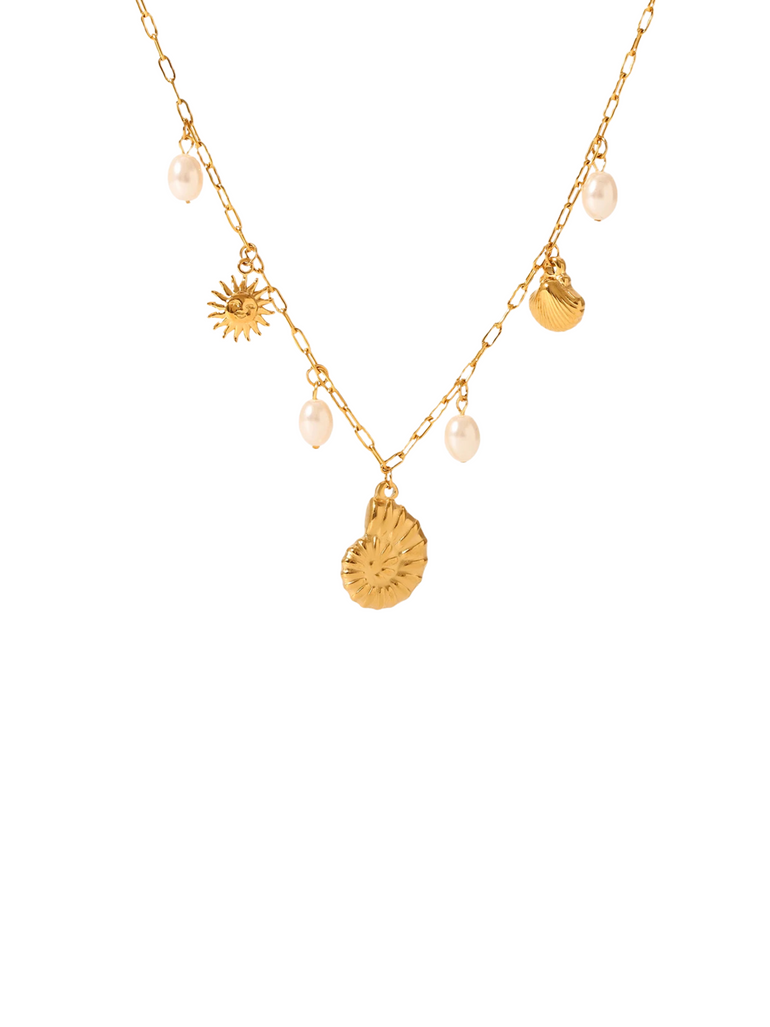 Collar Eslabones Con Caracol, Concha y Perlas