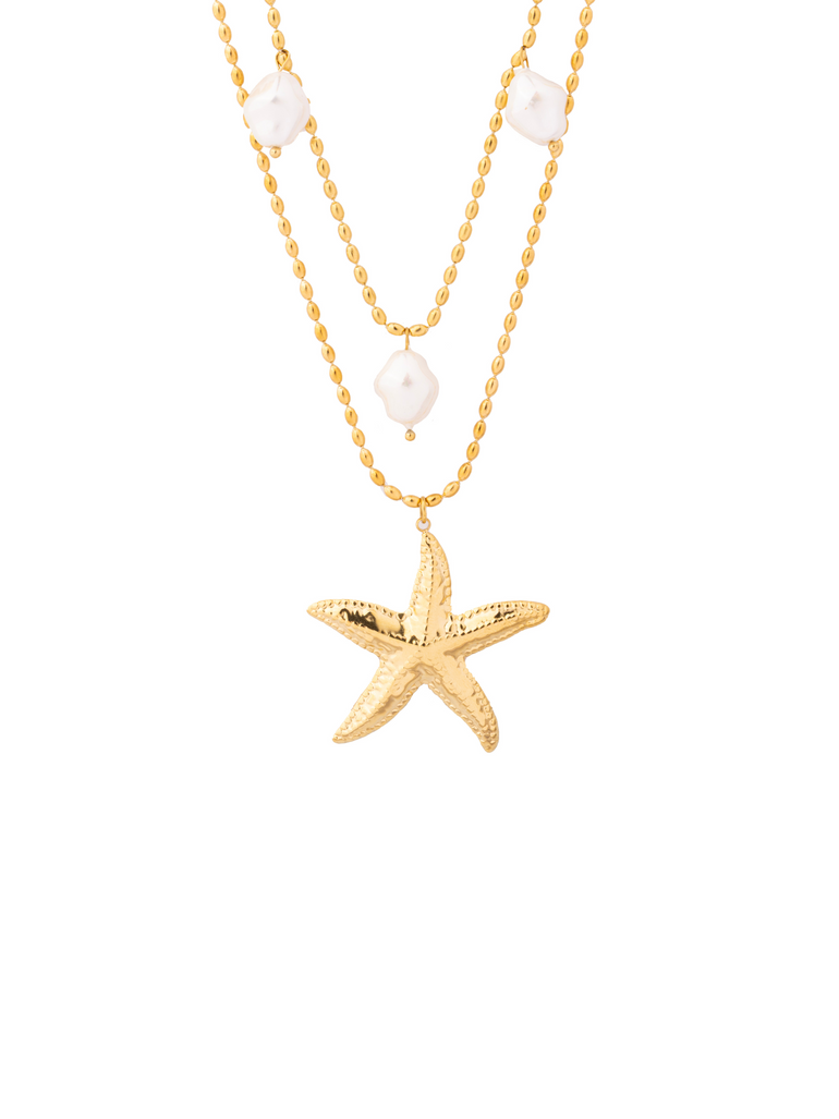 Collar Doble Con Perlas Y Estrella De Mar