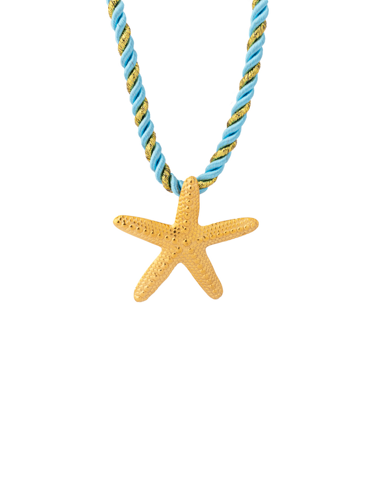 Collar Celeste Con Dorado Dije Estrella De Mar