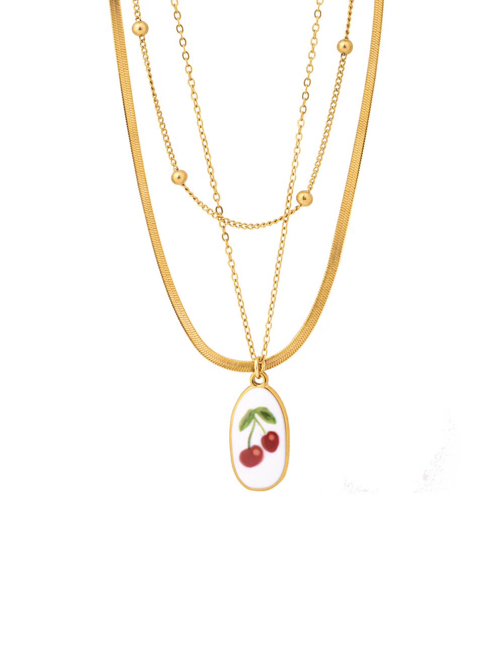 Collar Triple Bolitas Con Dije Esmaltado Cerezas