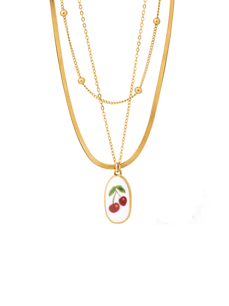 Collar Triple Bolitas Con Dije Esmaltado Cerezas