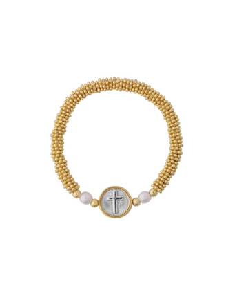 Pulsera Medalla Cruz Combinada Dos Perlas