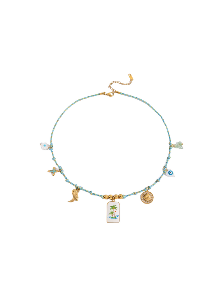 Collar Aqua Con Dijes Palmera, Bota y Sol