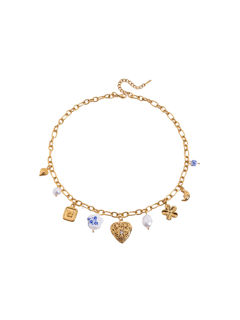 Collar Eslabon Ovalado Dijes y Corazon Relicario