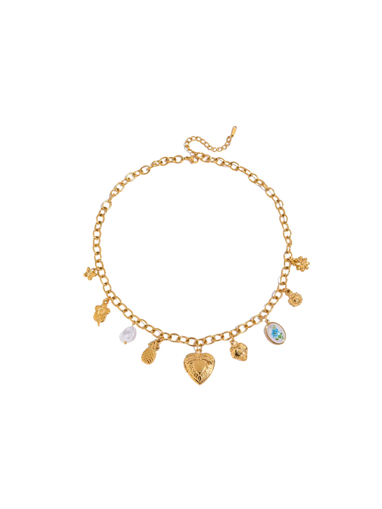 Collar Eslabon Ovalado Corazon Relicario y Frutas