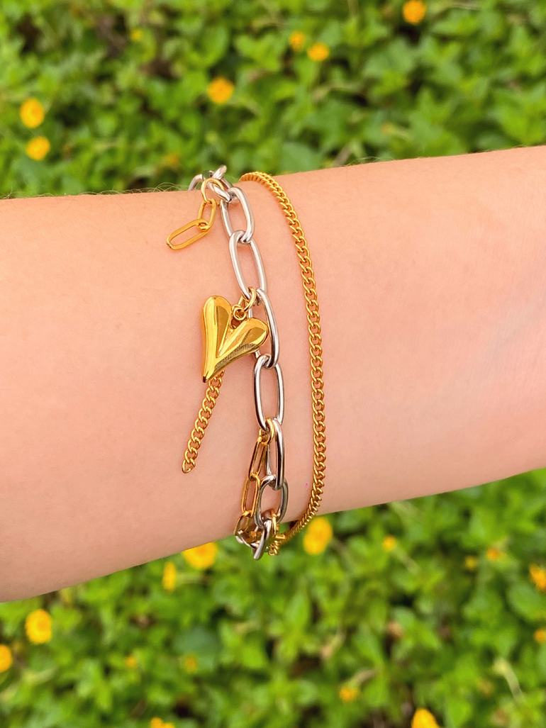 Pulsera Doble Eslabon Combinado Con Dijes