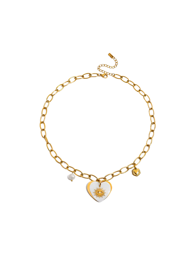 Collar Ovalos Con Dije Corazon Con Ojo y Perla