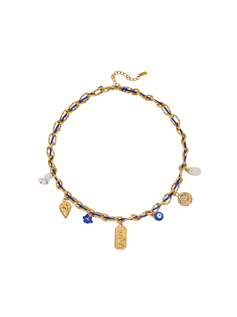 Collar Eslabones y Cordon Azul Con Dijes