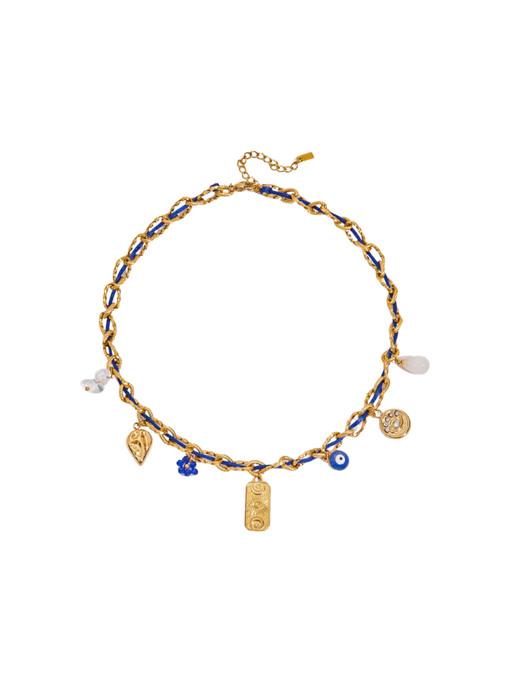 Collar Eslabones y Cordon Azul Con Dijes