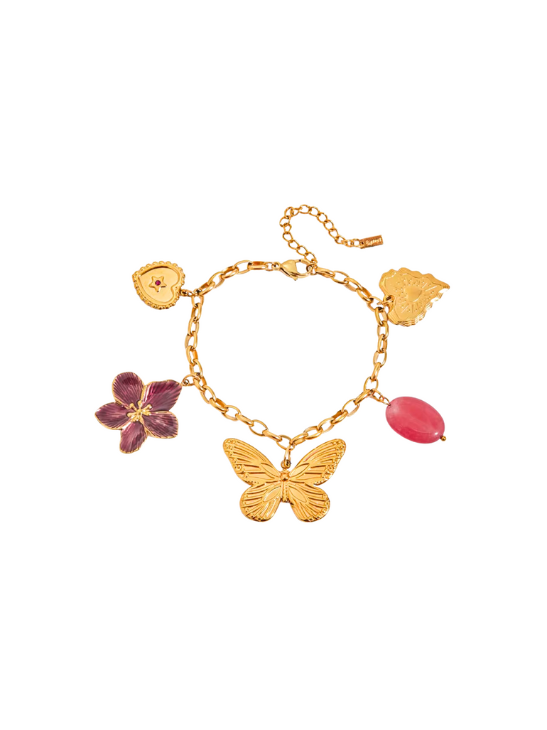 Pulsera Con Dijes Mariposa, Flor y Corazon