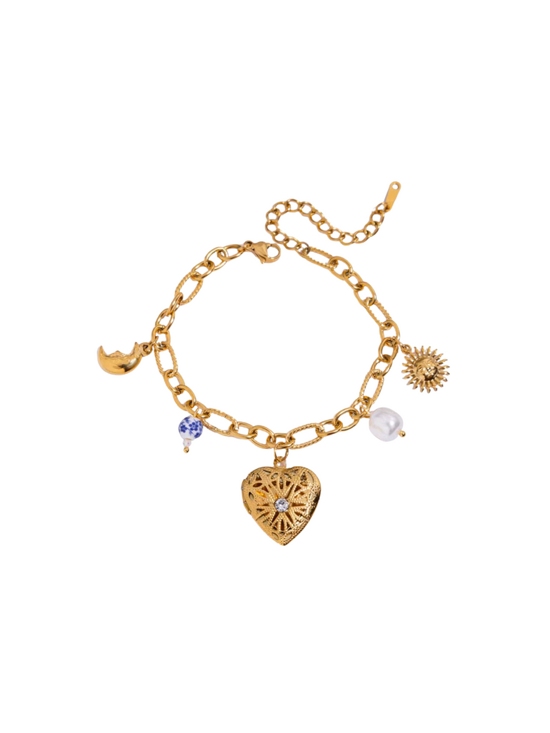 Pulsera Relicario Corazon Con Luna y Perla