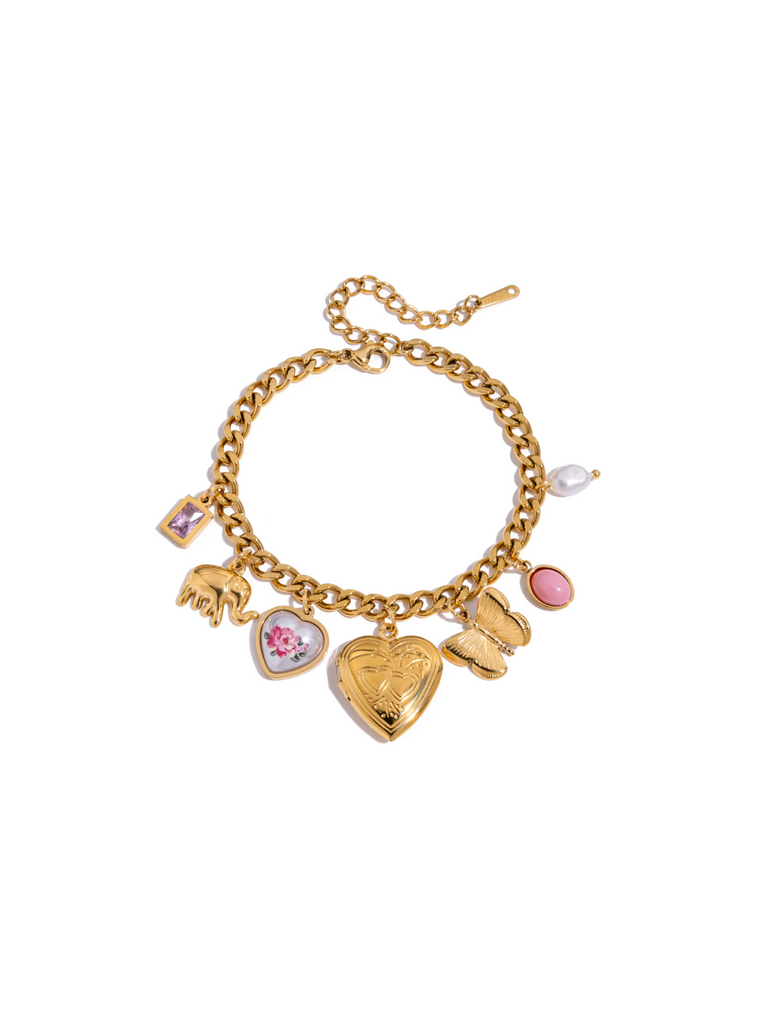 Pulsera Relicario Corazon Con Mariposa y Elefante