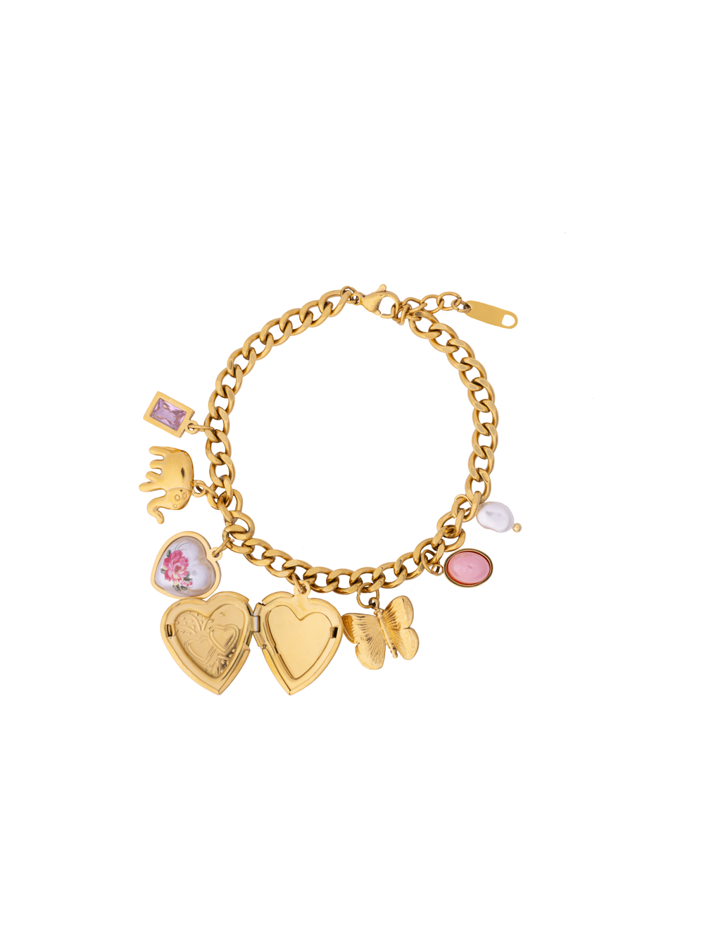 Pulsera Relicario Corazon Con Mariposa y Elefante