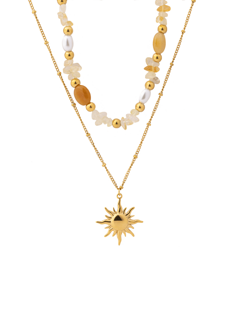 Collar Doble Con Piedras y Dije Sol