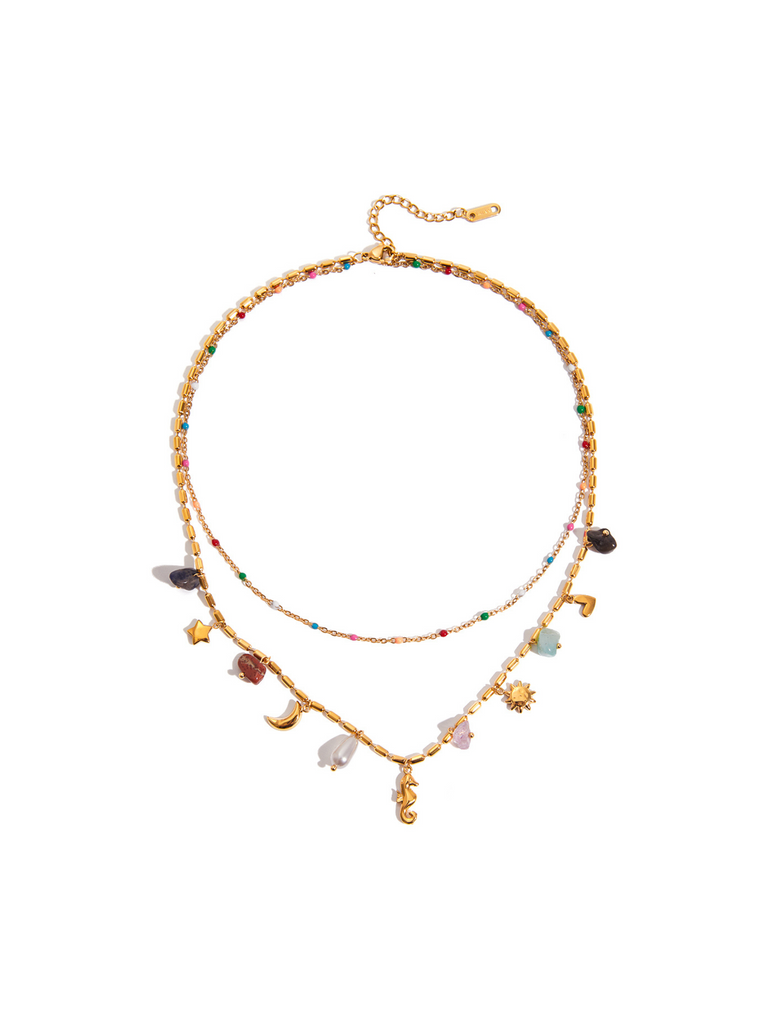 Collar Doble Dijes y Piedras De Colores