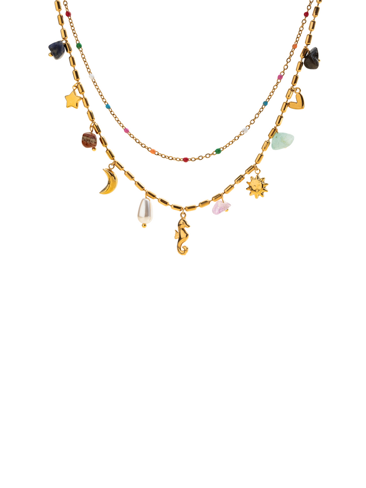 Collar Doble Dijes y Piedras De Colores