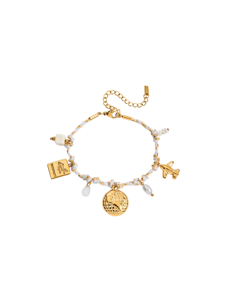 Pulsera Cordon Blanco Con Dije Mundo y Pasaporte