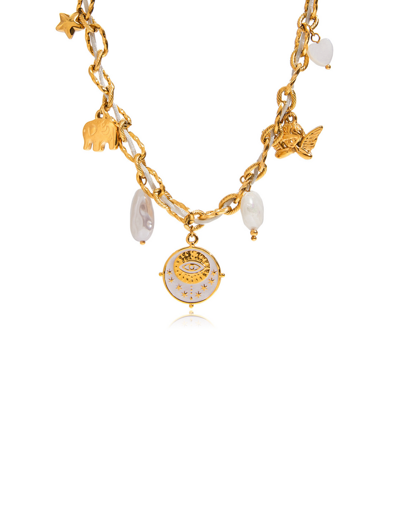 Collar Eslabones Enlazados Cordon Blanco Ojo y Angel