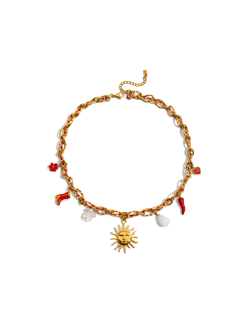 Collar Eslabones Enlazados Cordon Rojo Sol y Bota