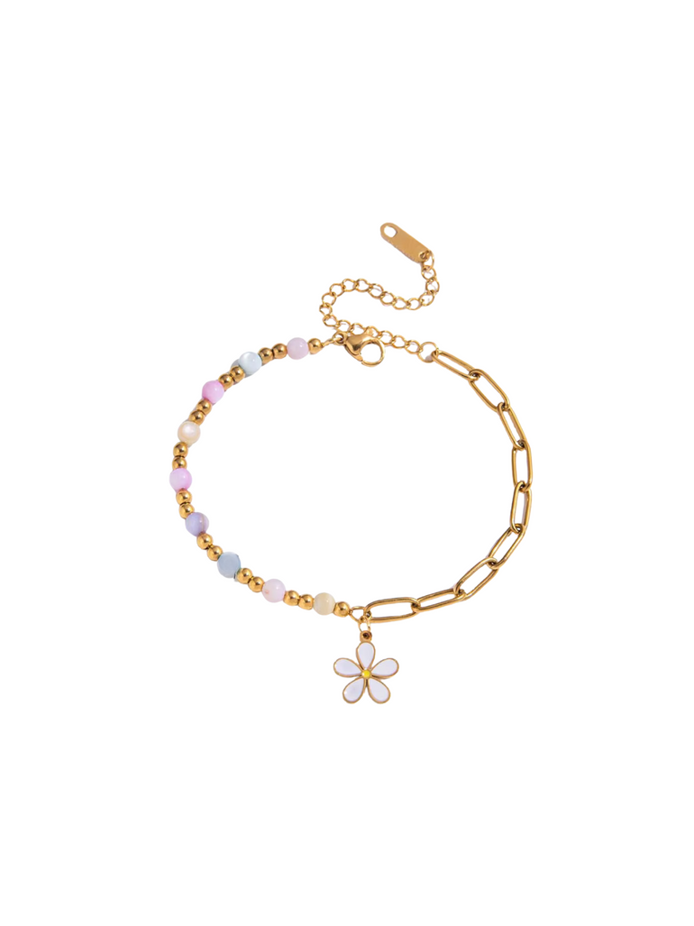 Pulsera Mitad Bolitas y Eslabon Con Flor Blanca